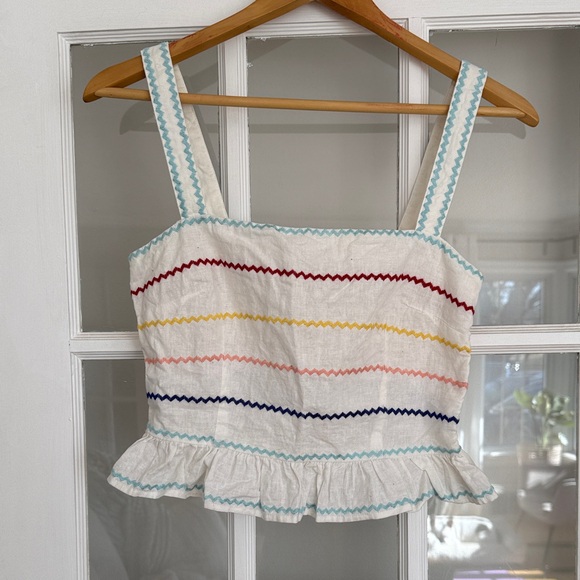 Forever 21 Tops - Forever 21 White Cropped Ruffle Tank with Multicolor Zigzag Stripes